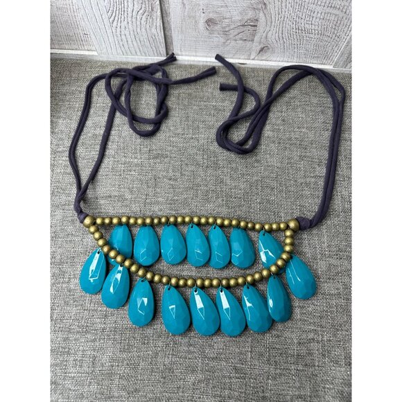 Turquoise & Gold Color Beaded Teardrop Necklace w/ Adjustable Black Fabric Cord - Picture 2 of 3
